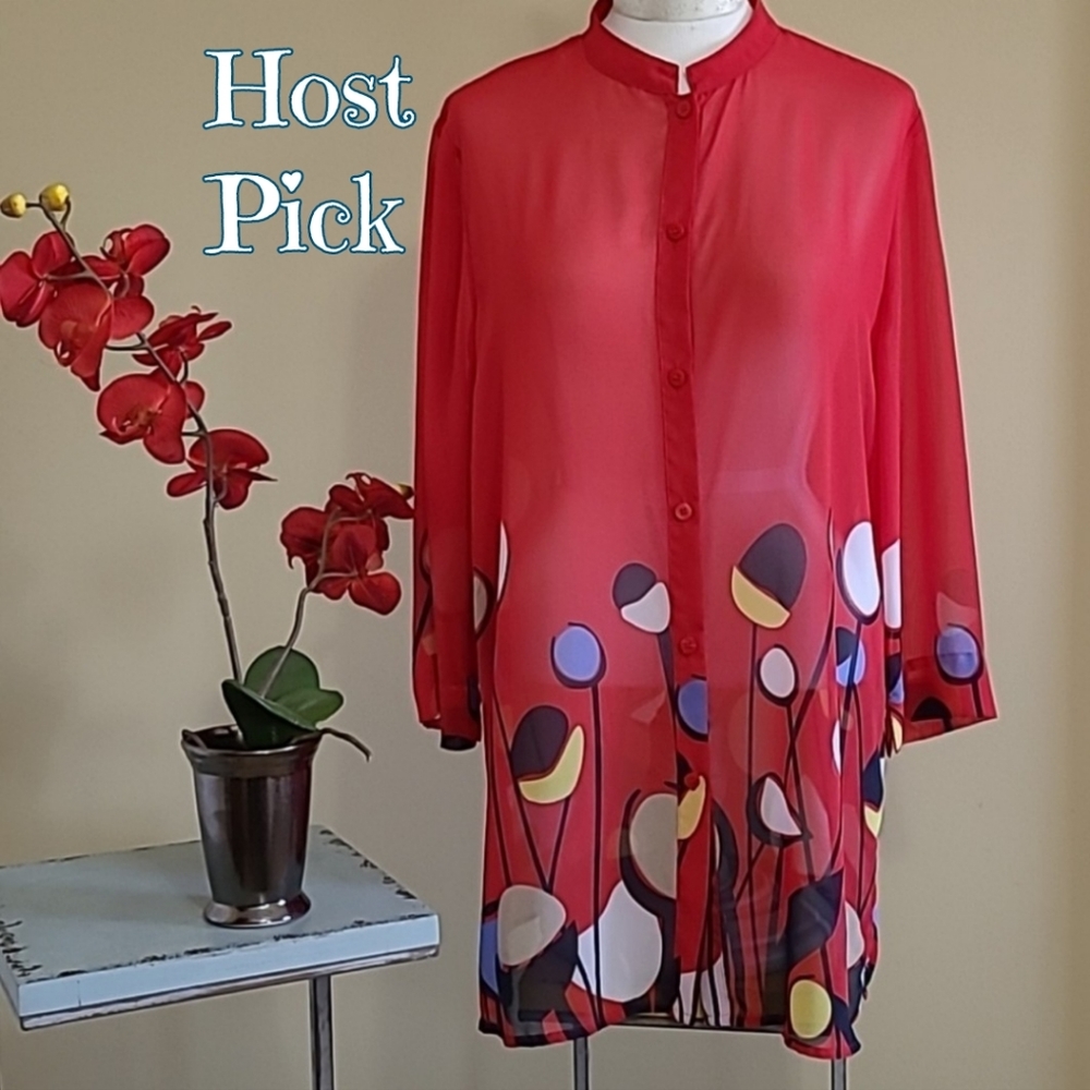 NEW Vintage Liz Baker Tunic Top Semi-sheer Chiffon Bright Red Poppies Print Lrge